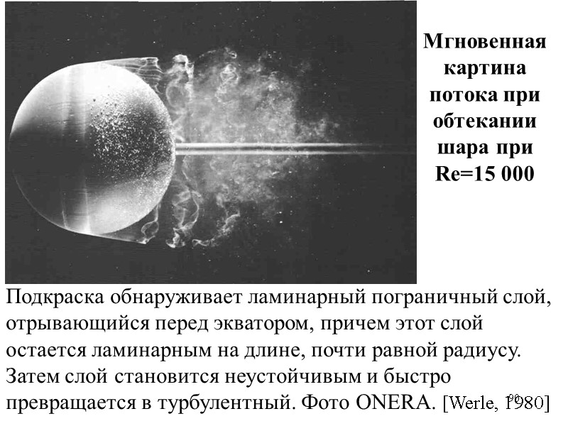 90 Подкраска обнаруживает ламинарный пограничный слой, отрывающийся перед экватором, причем этот слой остается ламинарным 90 Подкраска обнаруживает ламинарный пограничный слой, отрывающийся перед экватором, причем этот слой остается ламинарным